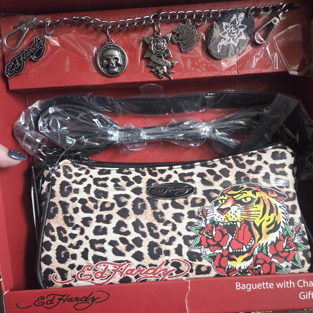 Ed Hardy Leopard Print Baguette with Chain